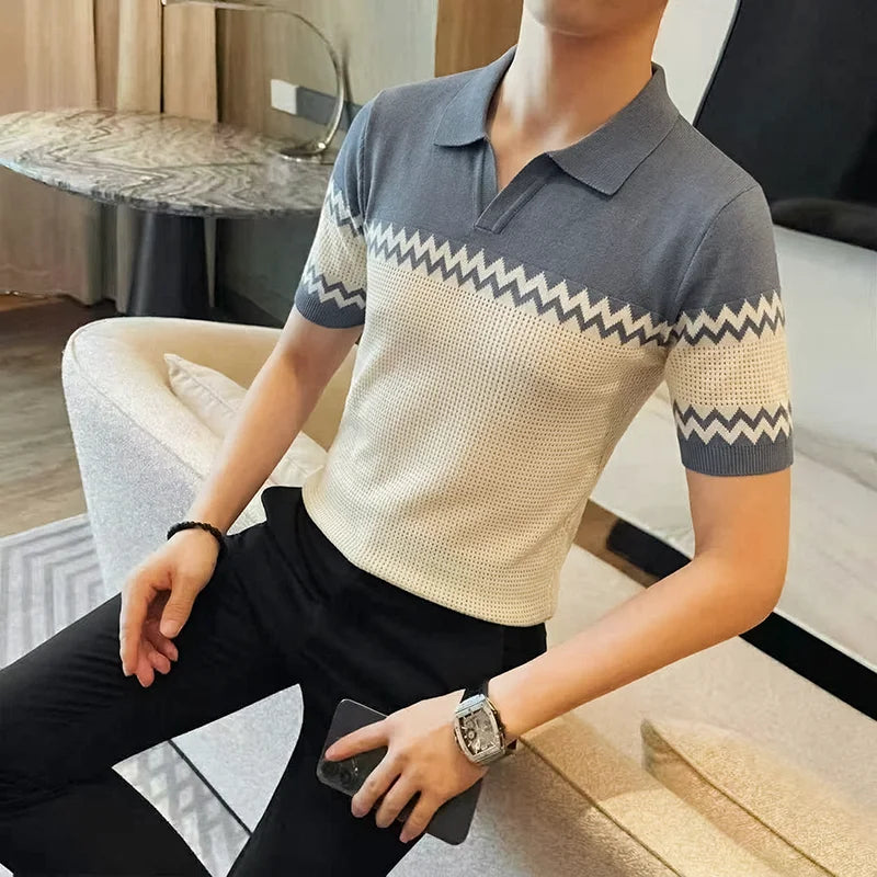 Slim Fit Patchwork Short-Sleeve Polo Shirt