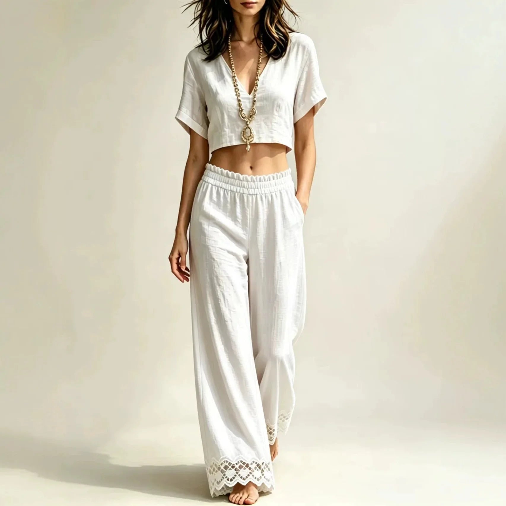 Women's Cropped Top Lace Detail Pants Set