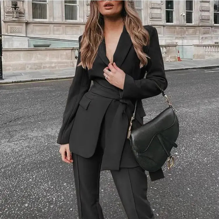 Spring Autumn Blazer and Straight-Leg Pants Set