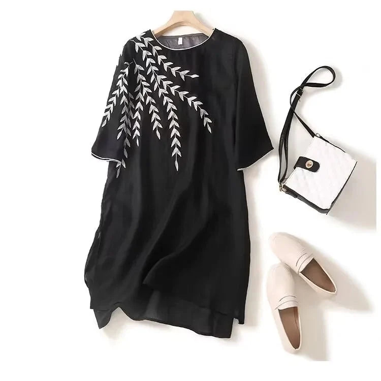 Women's Embroidered Linen Midi Dress