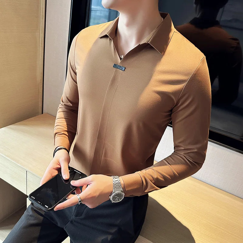 Slim Fit Silk Long-Sleeve Polo Shirt