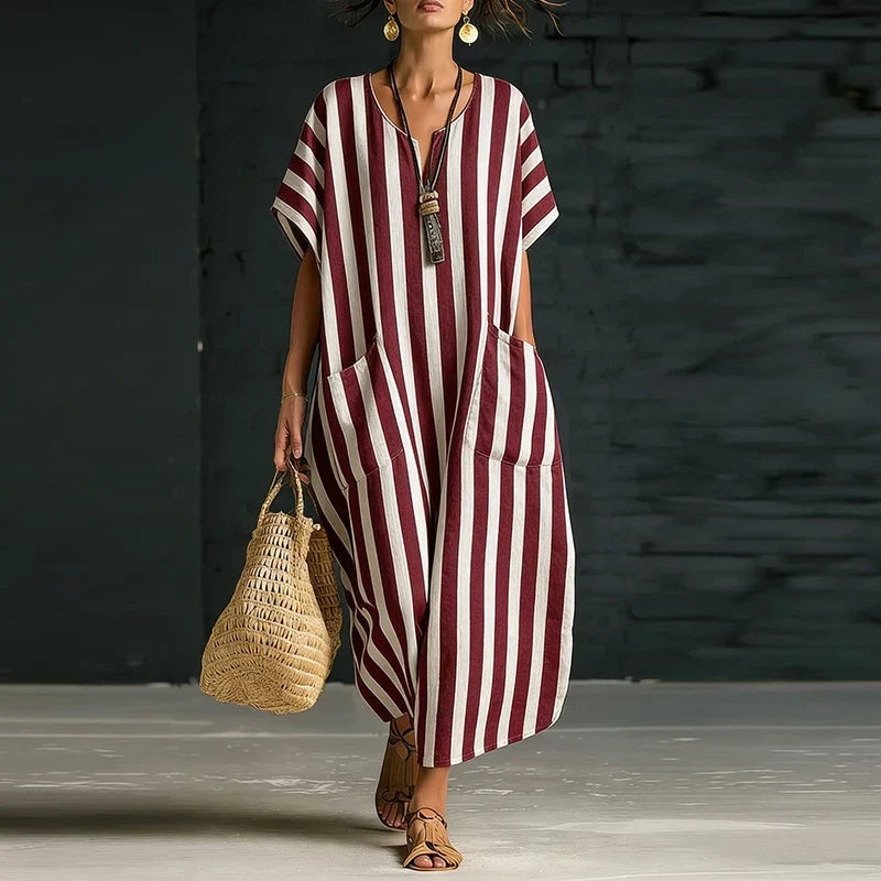 Women's Striped V Neck Boho Maxi Dress