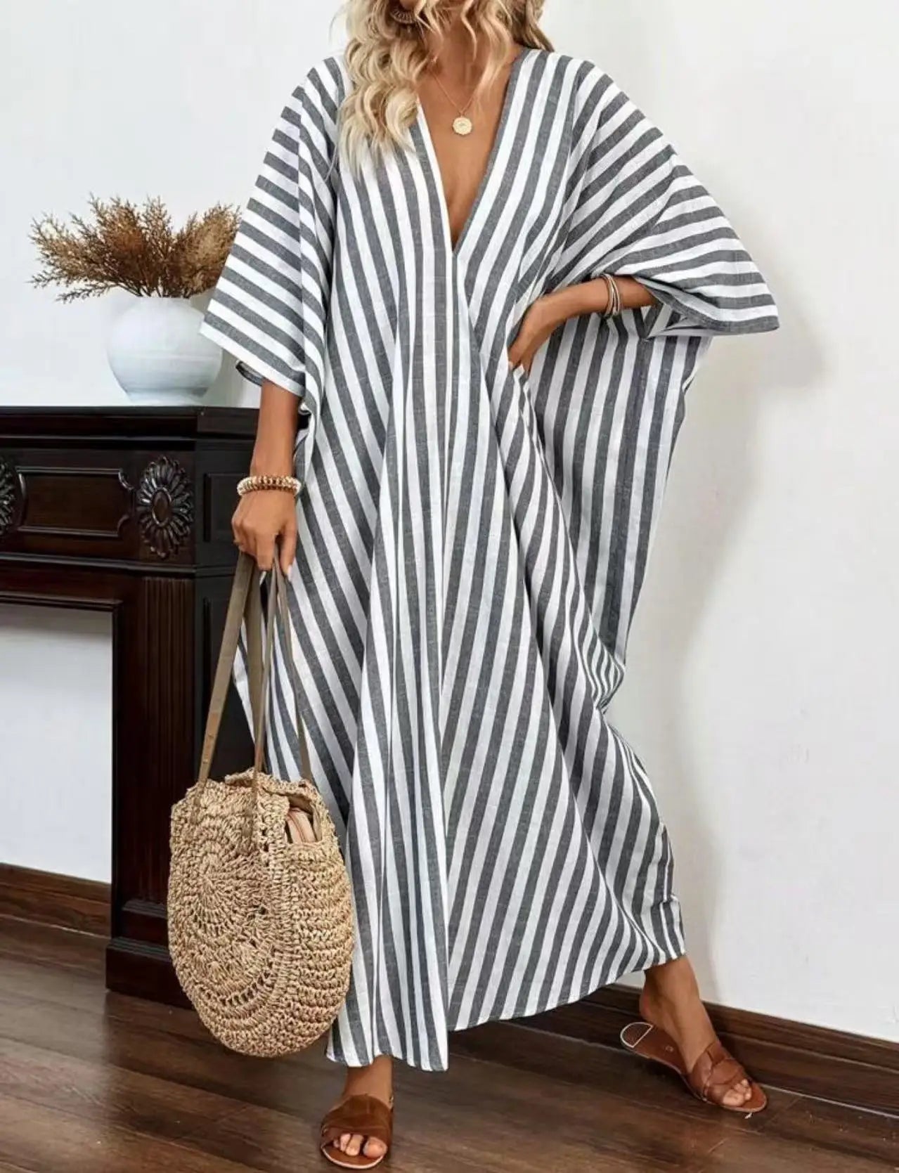 Women's Striped Kaftan Maxi Dress