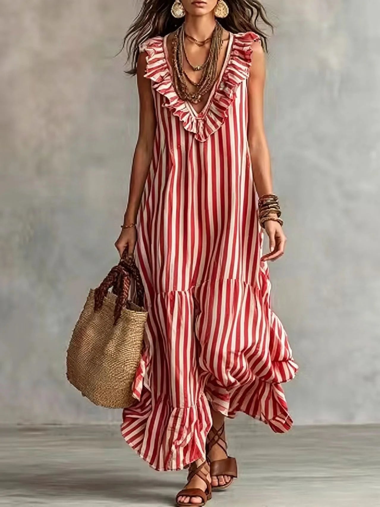 Women's Ruffle Striped Maxi Dress