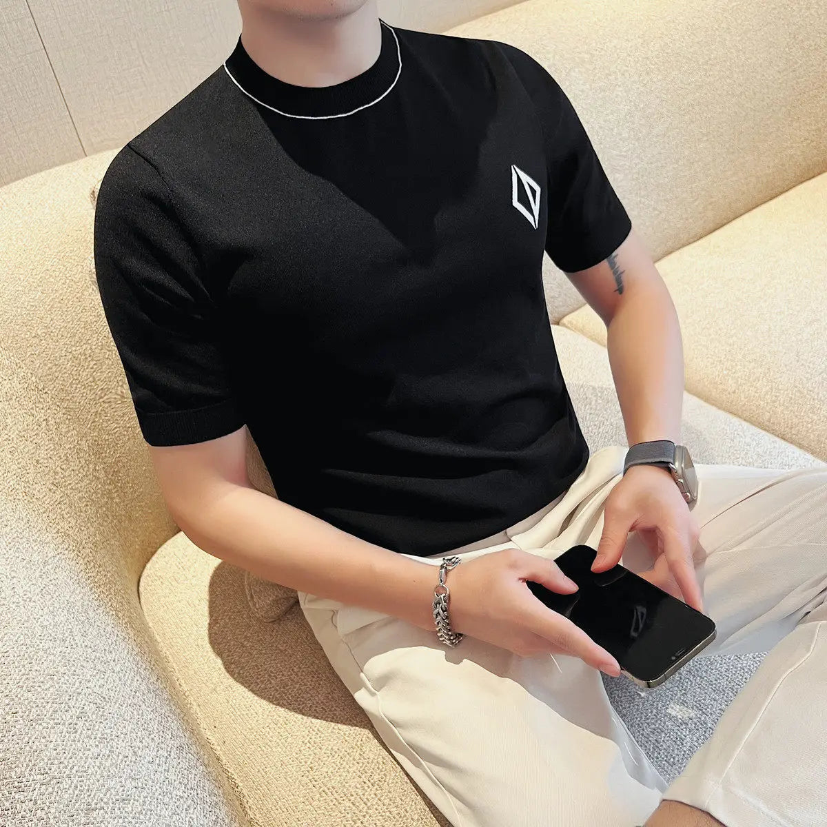 Slim Fit Silk Short-Sleeve Knit Sweater