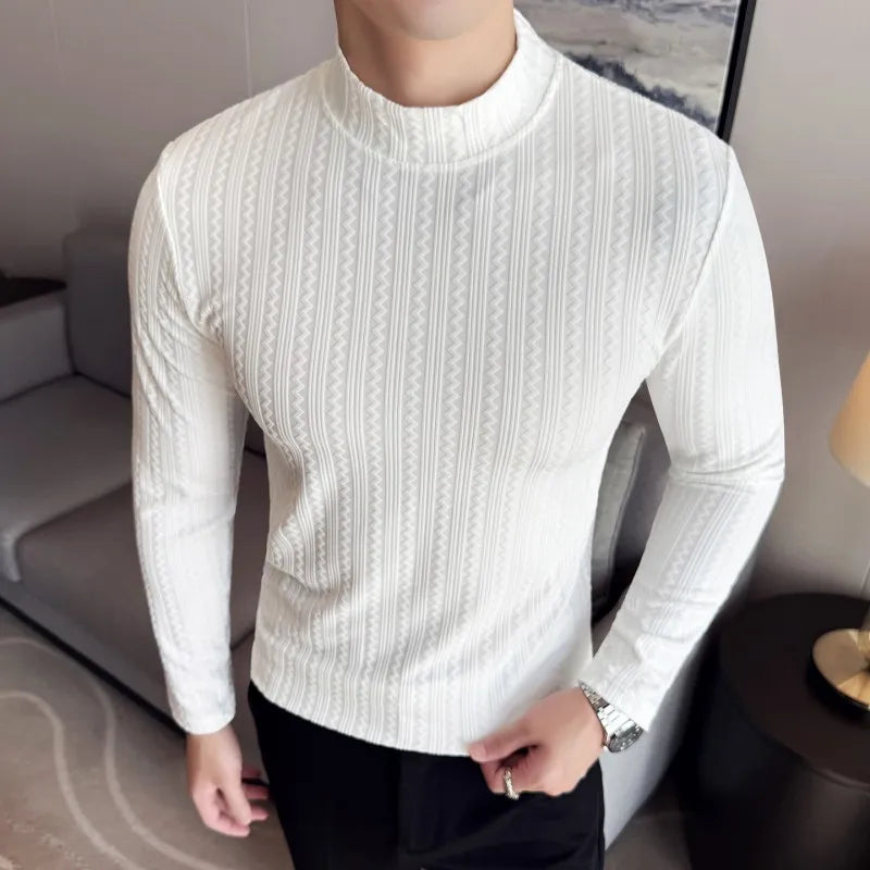 Slim Fit Striped Long-Sleeve Turtleneck T-Shirt