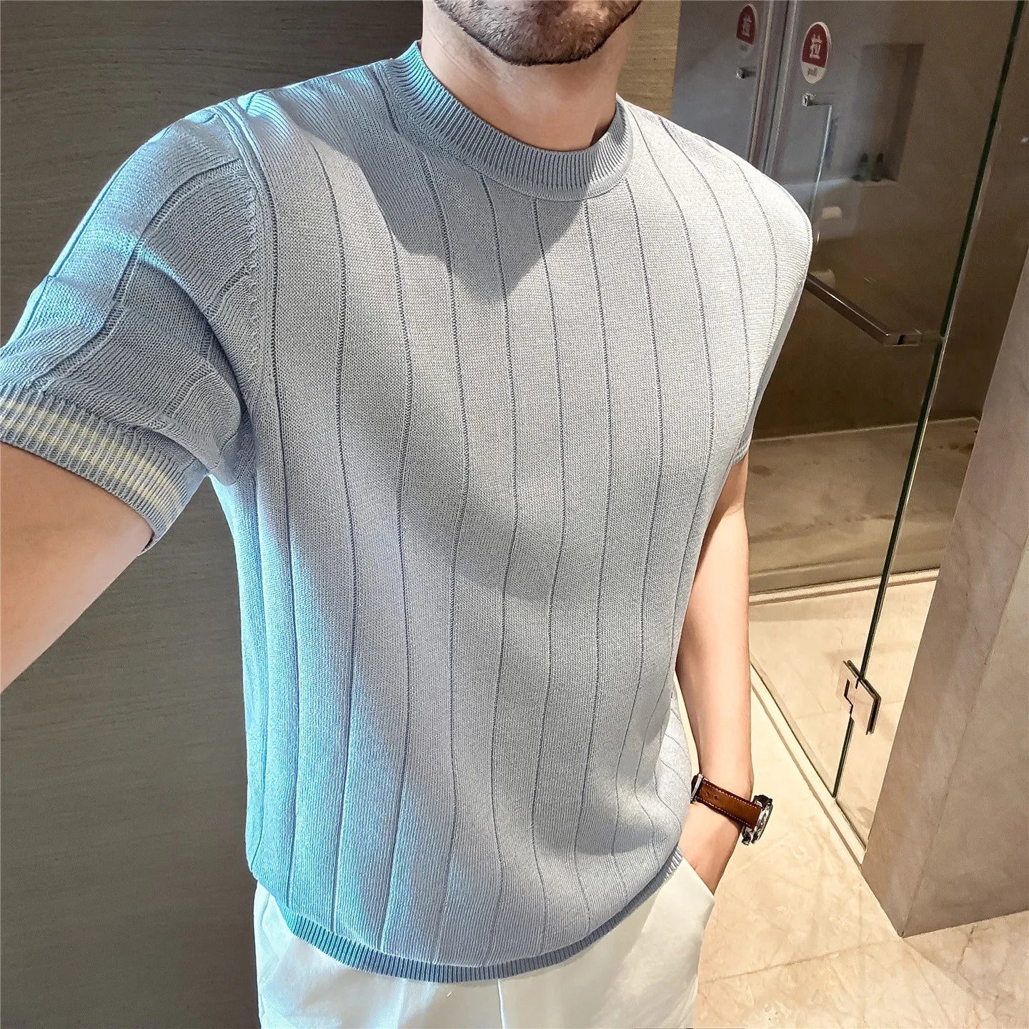 Slim Fit Linen Short-Sleeve Knit Sweater