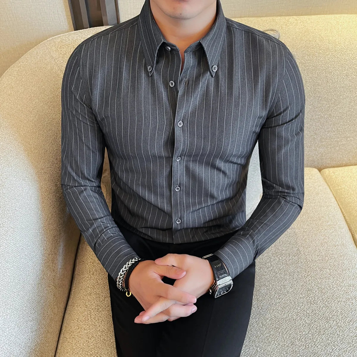 Slim Fit Striped Long-Sleeve Dress Shirt