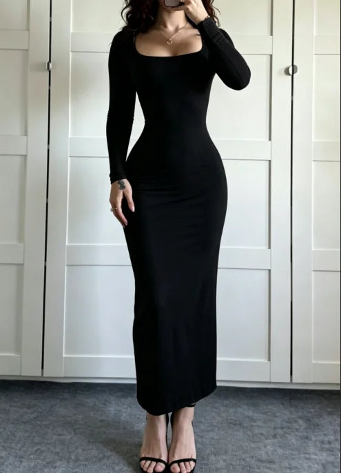 Square neck long sleeve bodycon midi dress