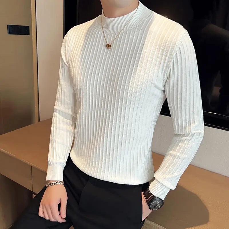 Slim Fit Striped Long-Sleeve Turtleneck Sweater