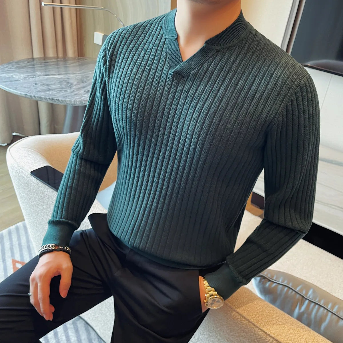 Slim Fit Long-Sleeve V-Neck Knit Sweater