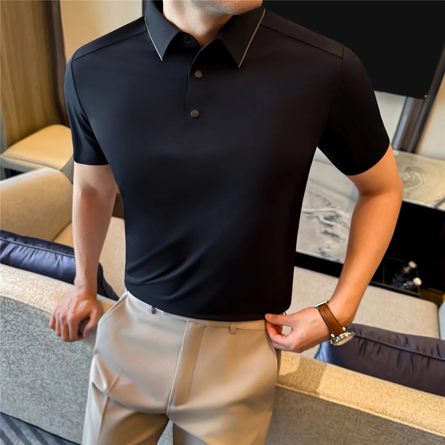 Slim Fit Silk Short-Sleeve Polo Shirt