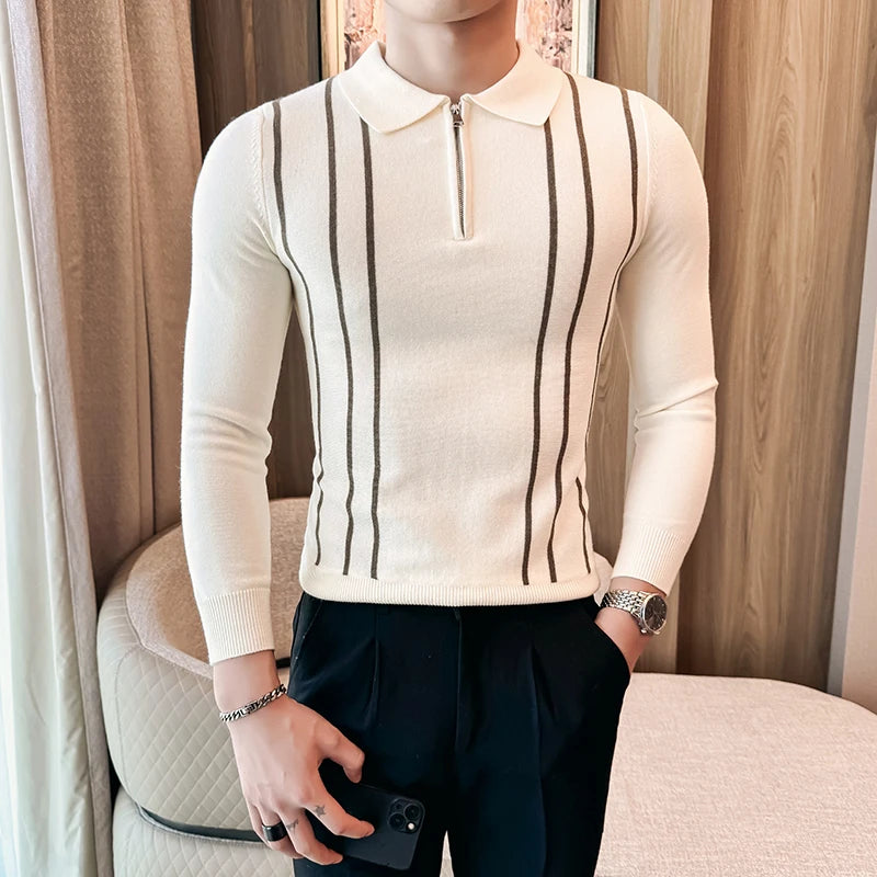 Slim Fit Striped Long-Sleeve Knit Sweater
