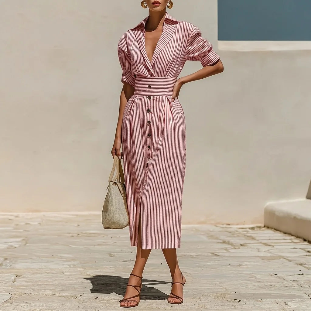 Women's Striped Shirt Midi Dress