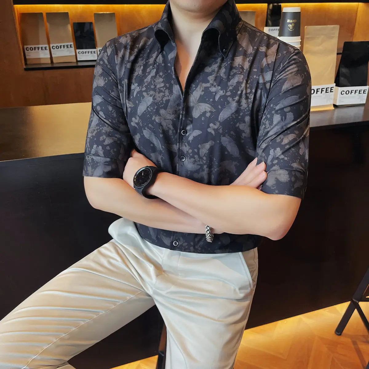 Slim Fit Floral V-Neck Dress Shirt