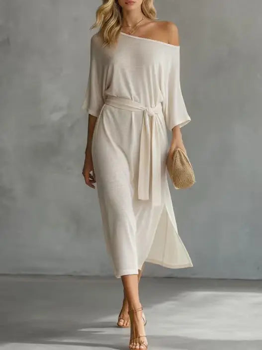 Women's Off Shoulder Waist Tie Midi Dress