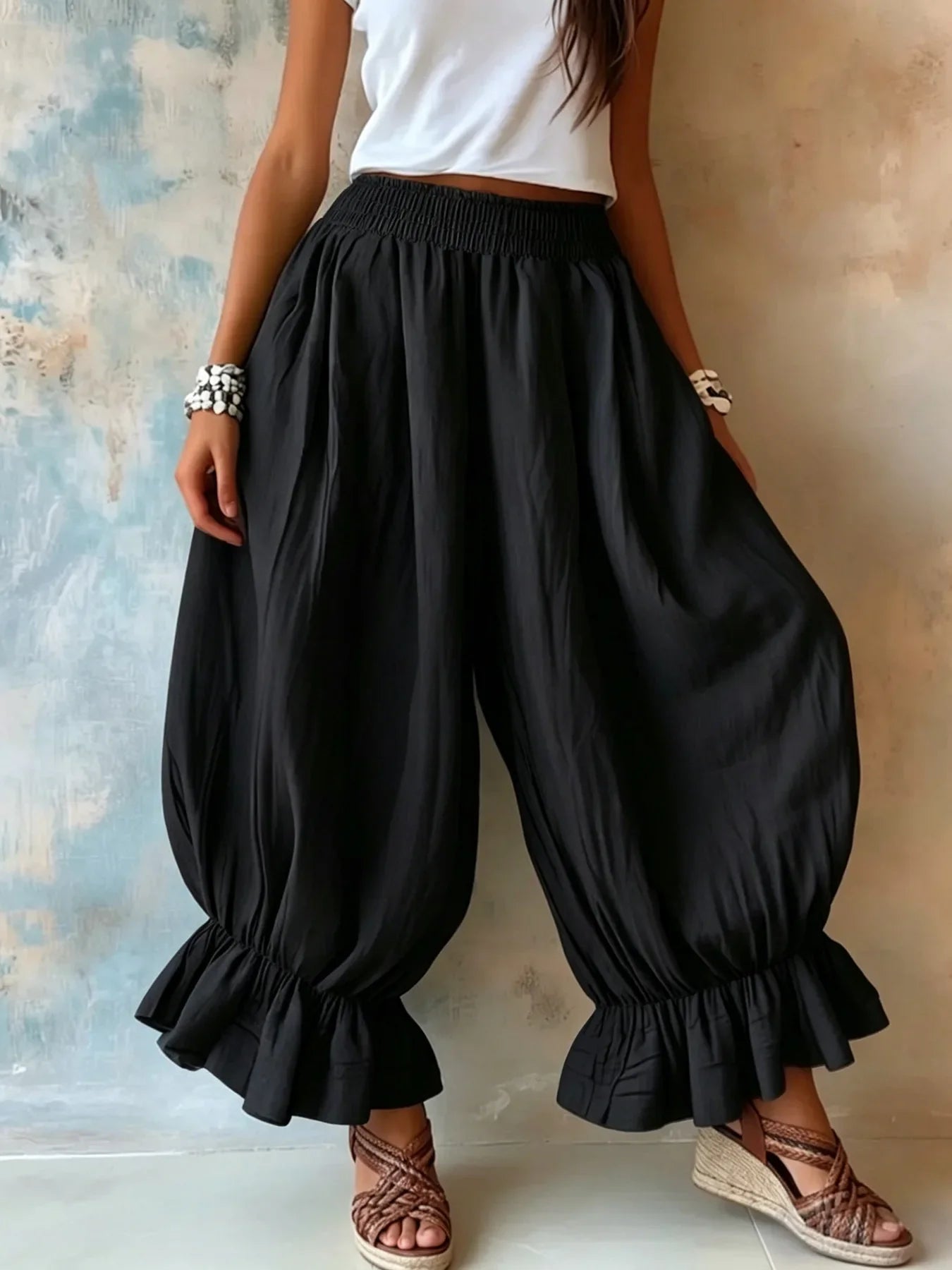 Women's Ruffle Hem Linen Trousers