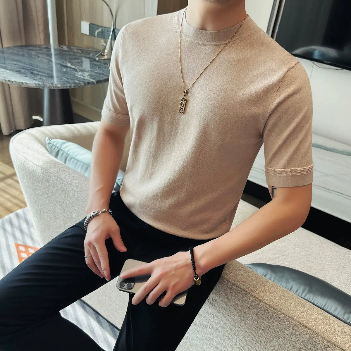 Slim Fit Short-Sleeve Knit Sweater