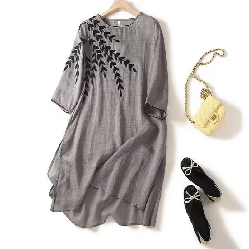Women's Embroidered Linen Midi Dress