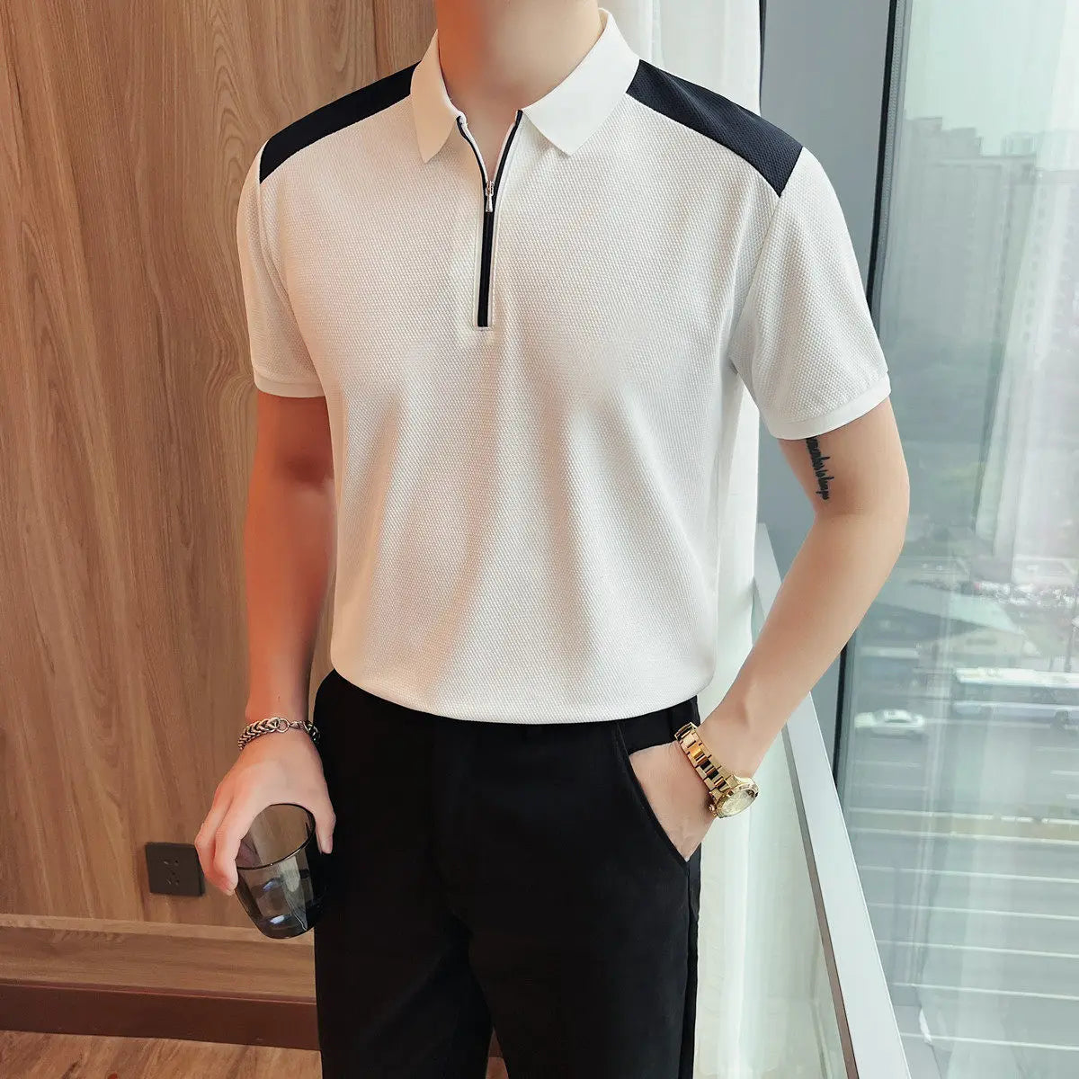 Slim Fit Patchwork Short-Sleeve Polo Shirt