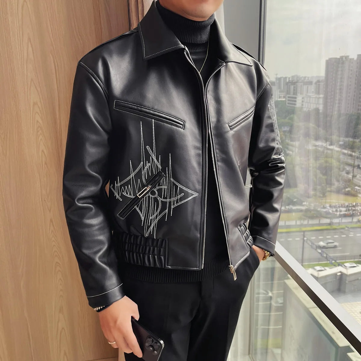 Slim Fit Embroidered Leather Jacket