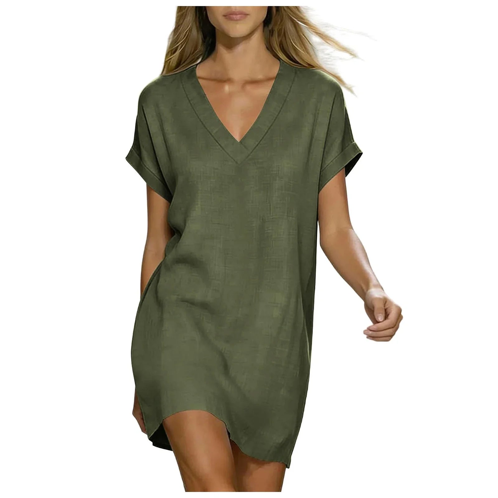 Women's V Neck Linen Shirt Dress