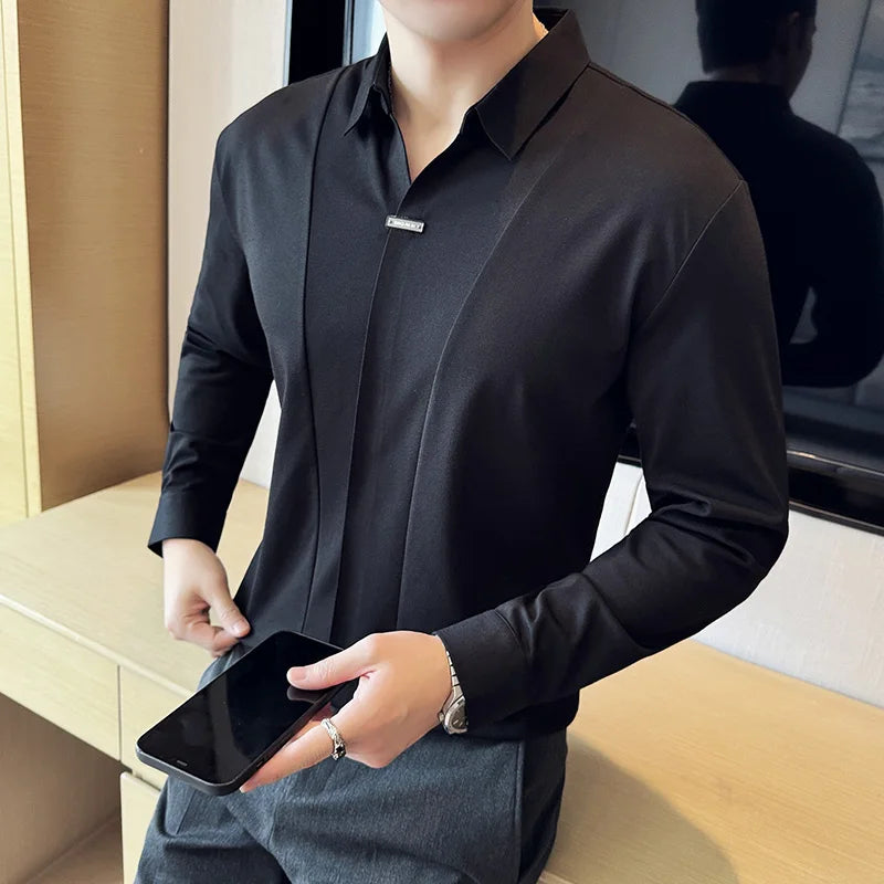 Slim Fit Patchwork Long-Sleeve Polo Shirt
