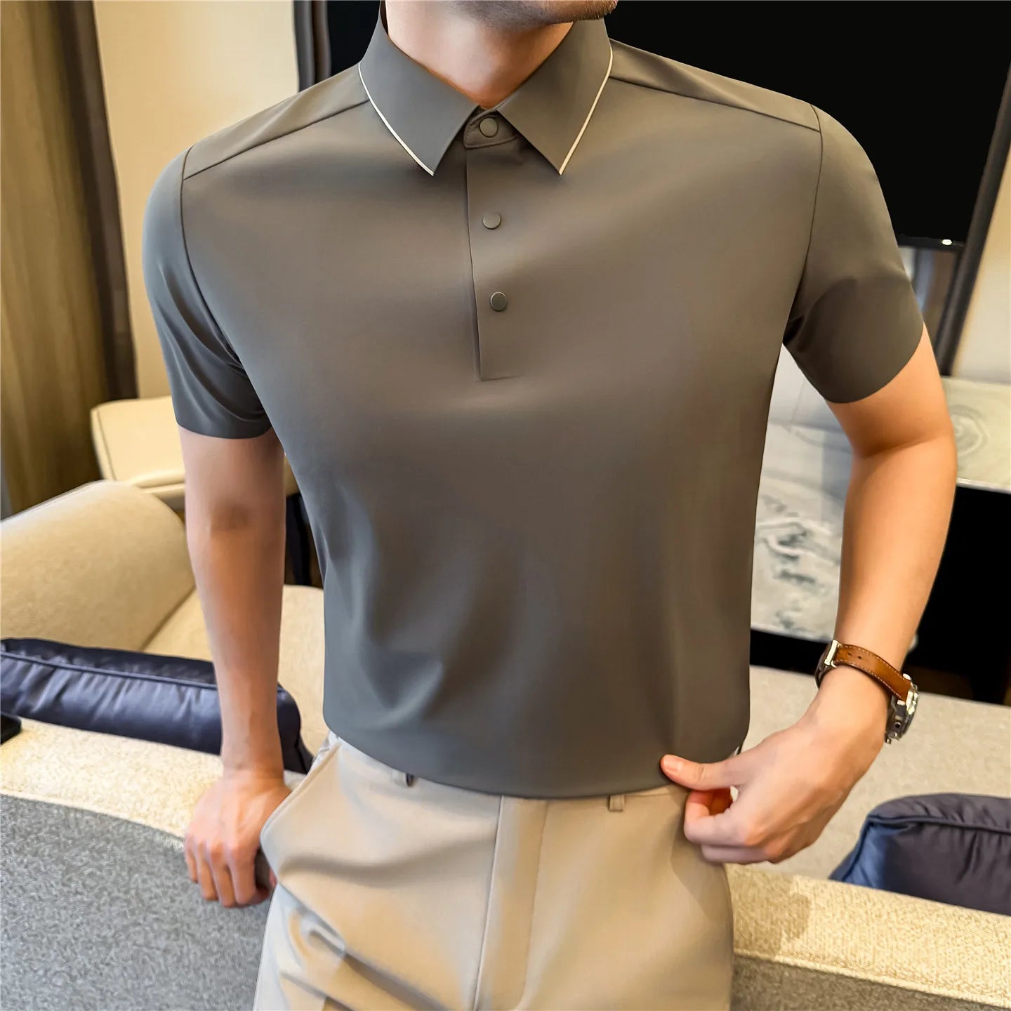 Slim Fit Silk Short-Sleeve Polo Shirt