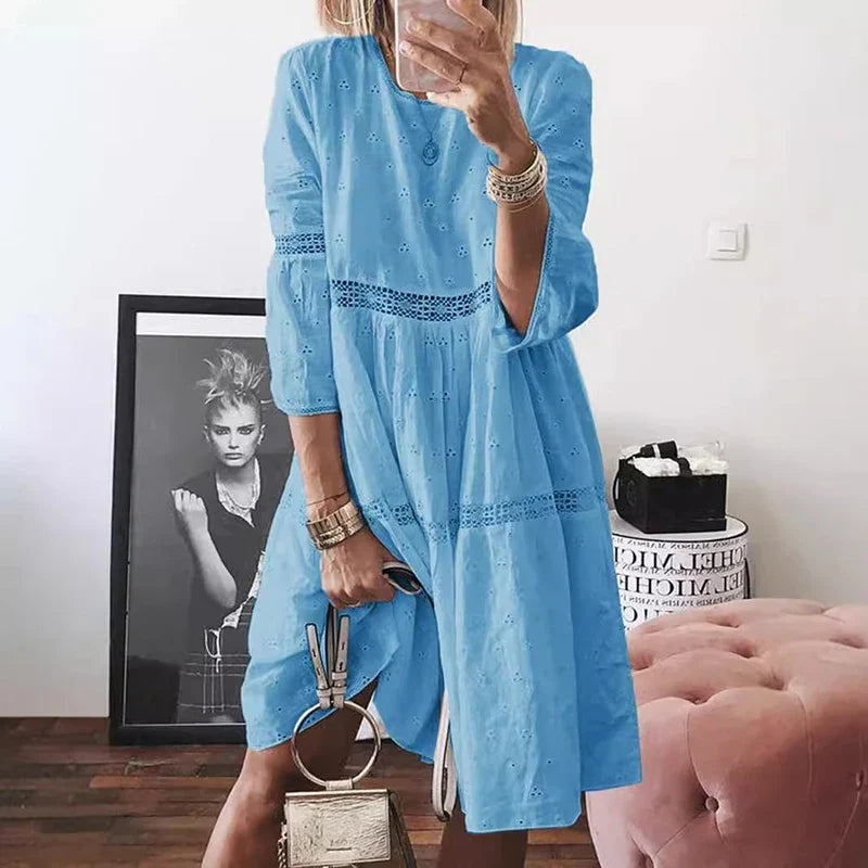 Women's Long Sleeve Lace Trim Midi Dress