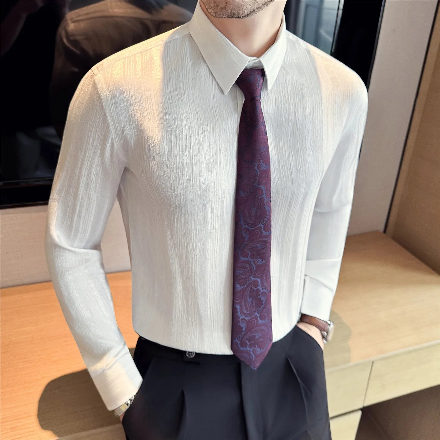Slim Fit Striped Long-Sleeve Tuxedo Shirt
