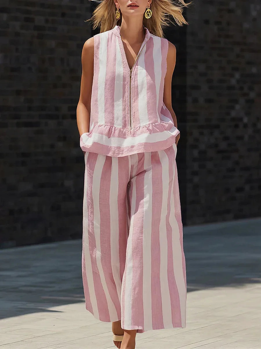 Women's Striped Zip Front Sleeveless Pants Set