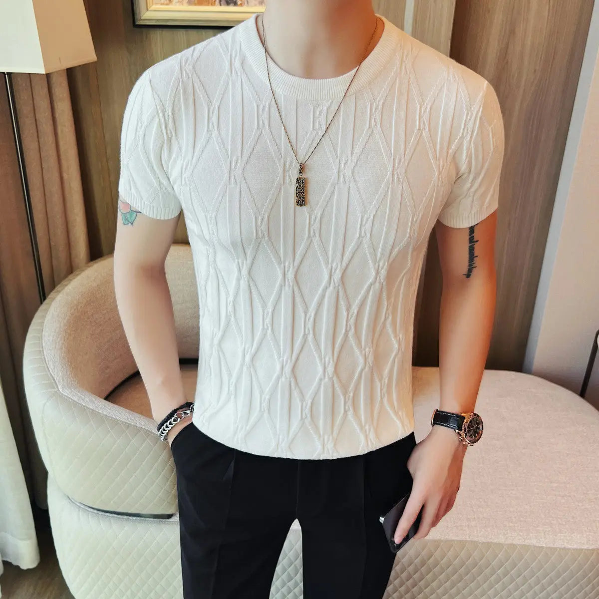 Slim Fit Short-Sleeve Knit Sweater