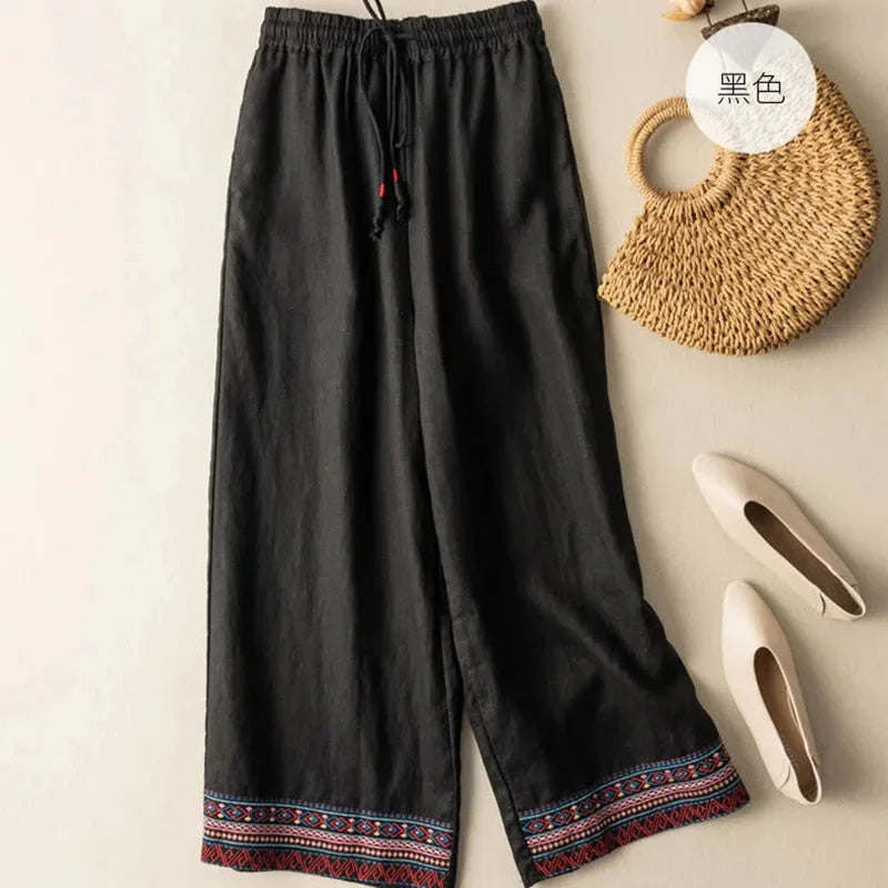 Women's Embroidered Wide Leg Linen Pants