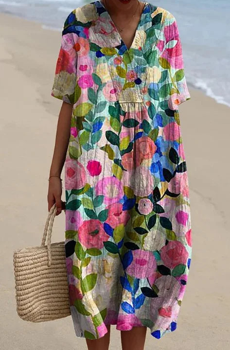 Women's Printed V Neck Midi Dress