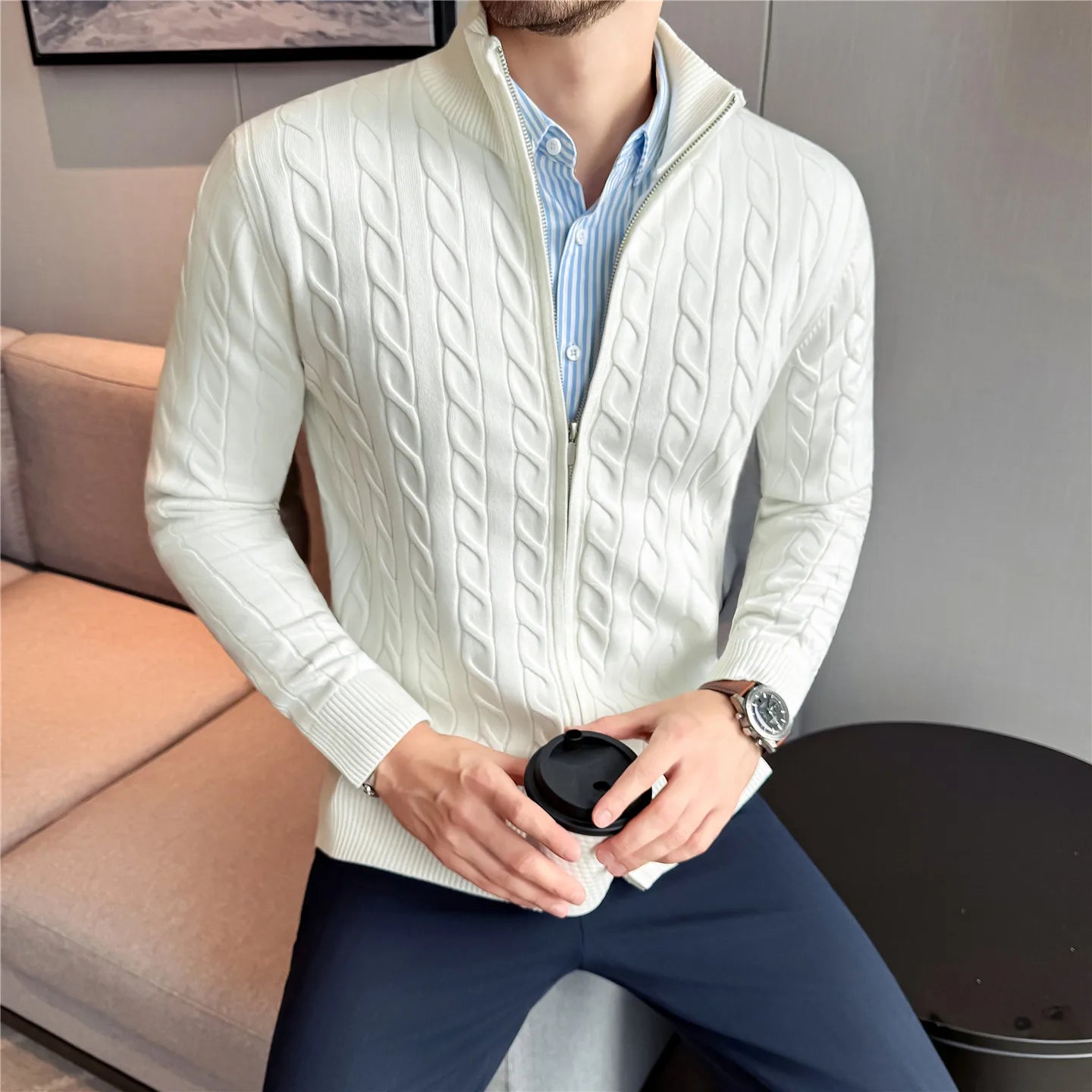 Slim Fit Striped Long-Sleeve Cardigan