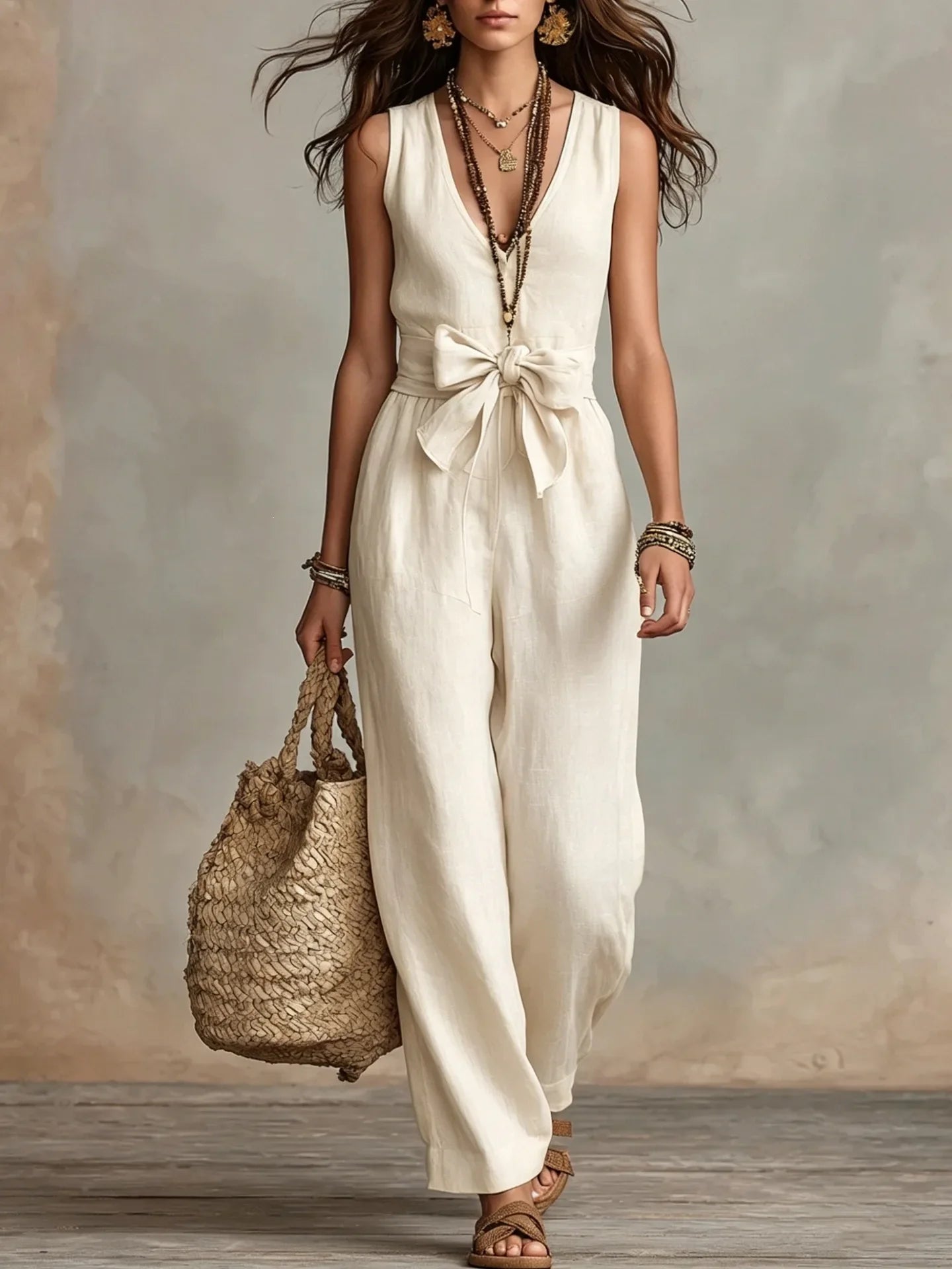 Women's Front Tie Linen Jumpsuit