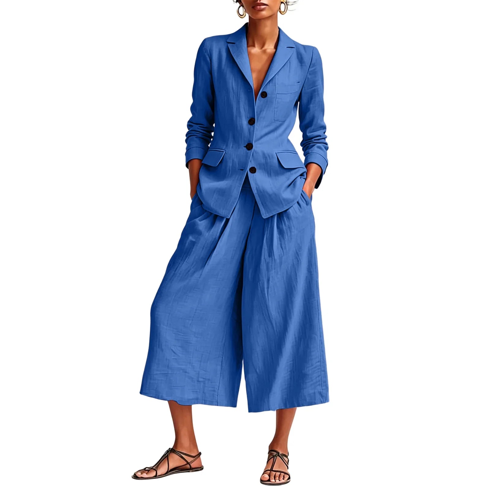 Women's Linen Blazer and Wide Leg Capri Set