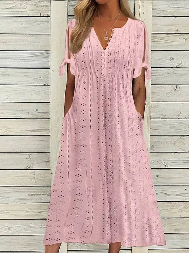 Women's V Neck Eyelet Midi Dress