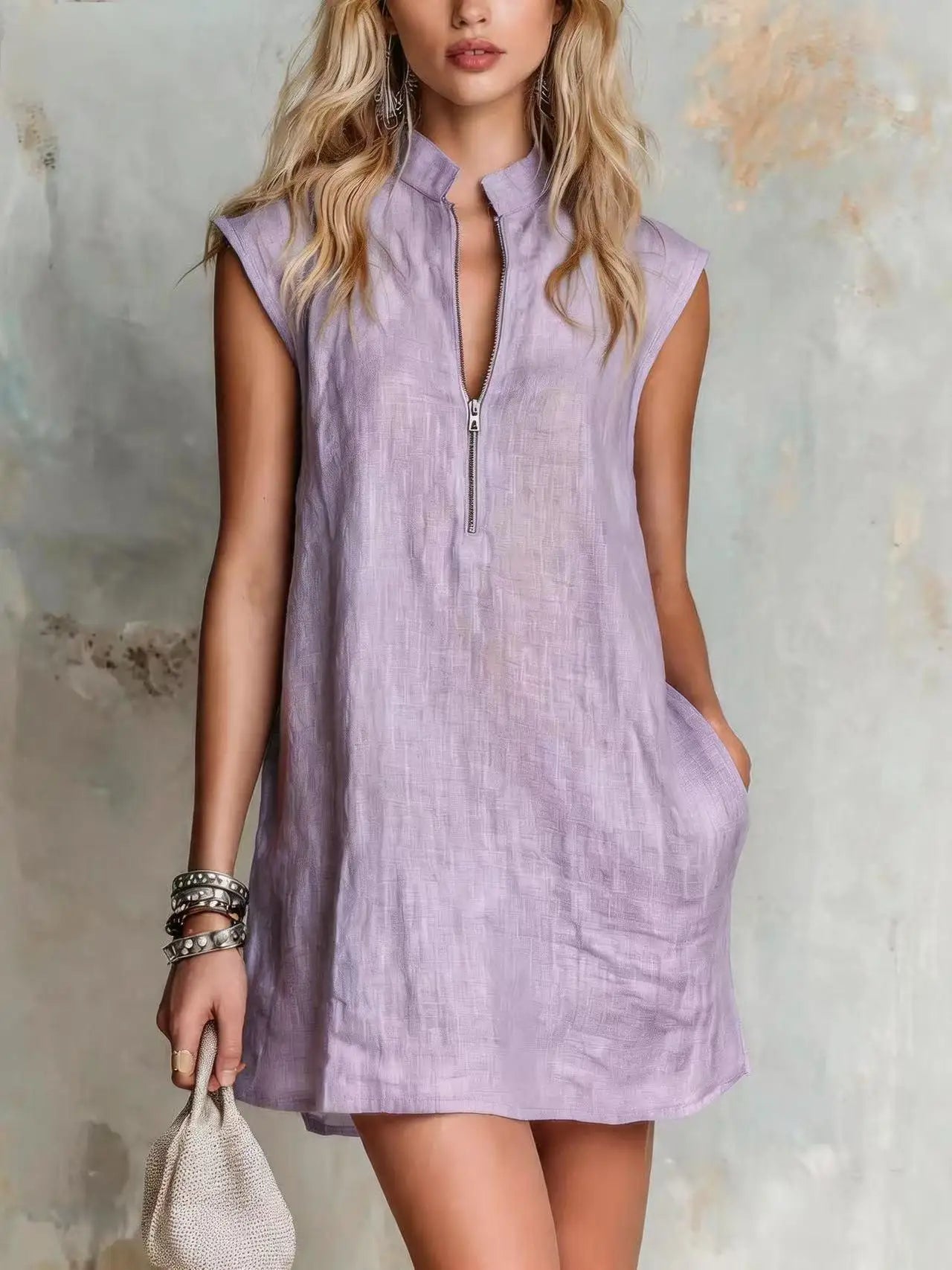Women's Half Zip Linen Mini Dress