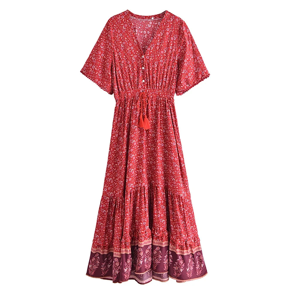Women's Drawstring Bohemian Maxi Dress