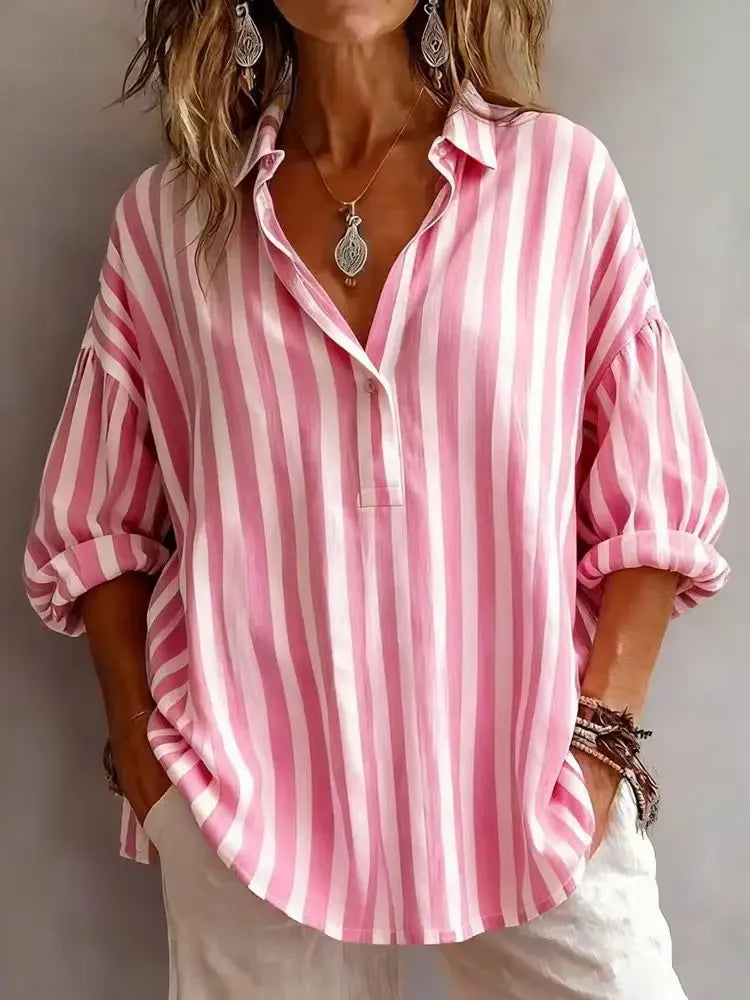 Women's Striped V Neck Blouse