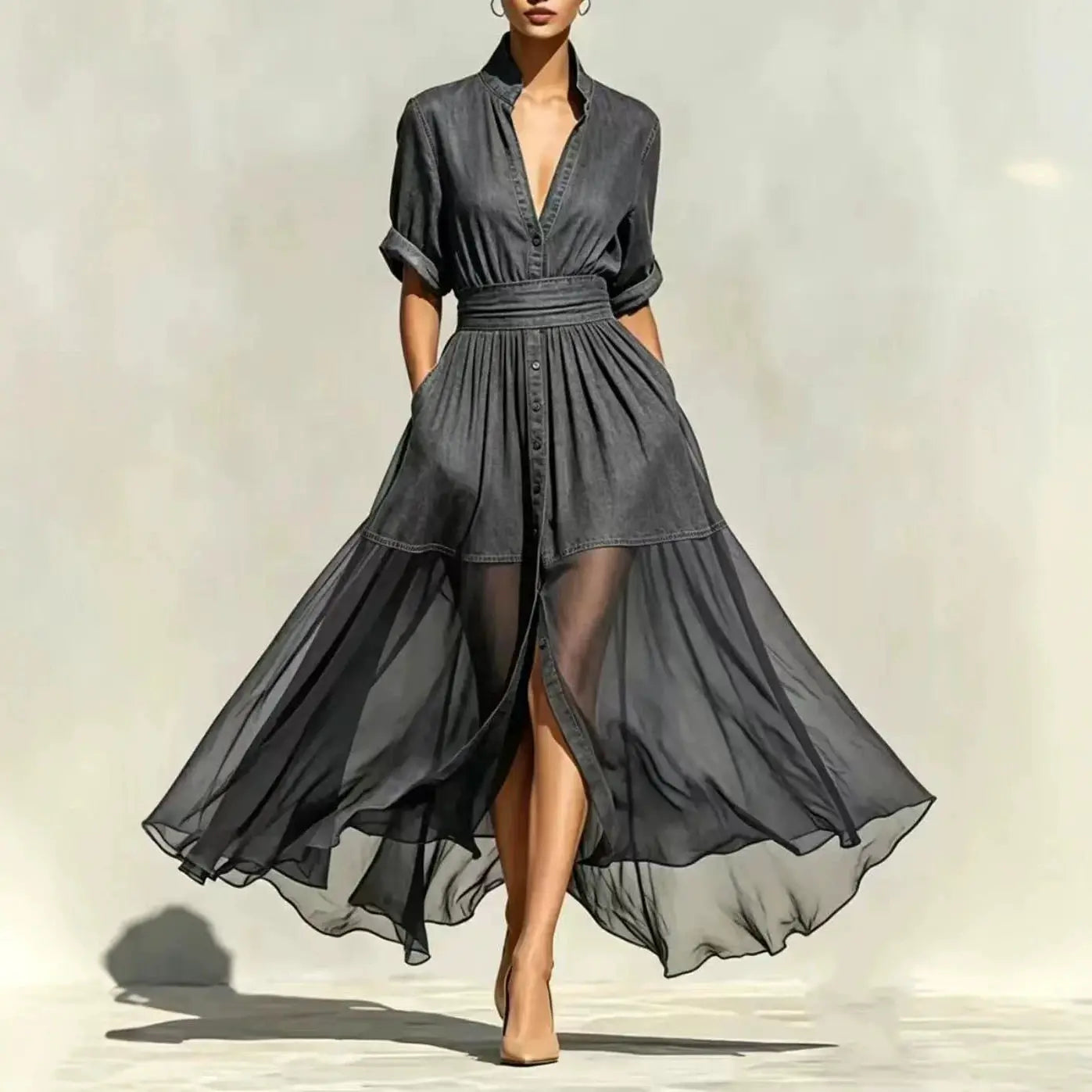 Women's Chiffon Denim Maxi Dress