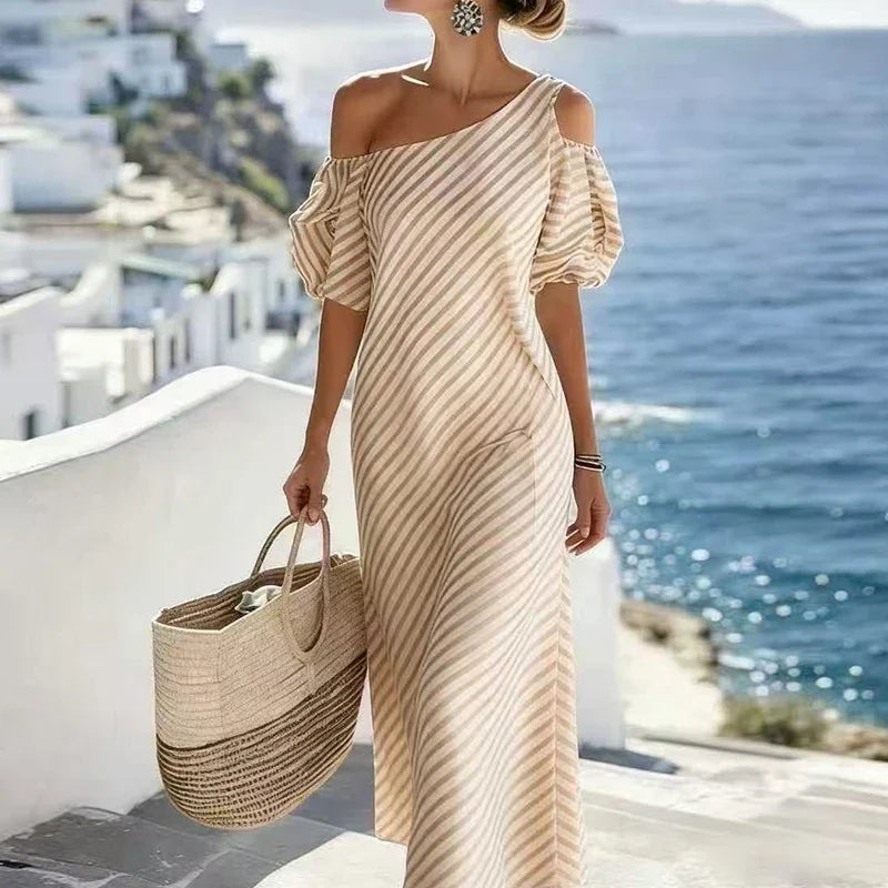 Women's Bohemian Striped One Shoulder Maxi Dress