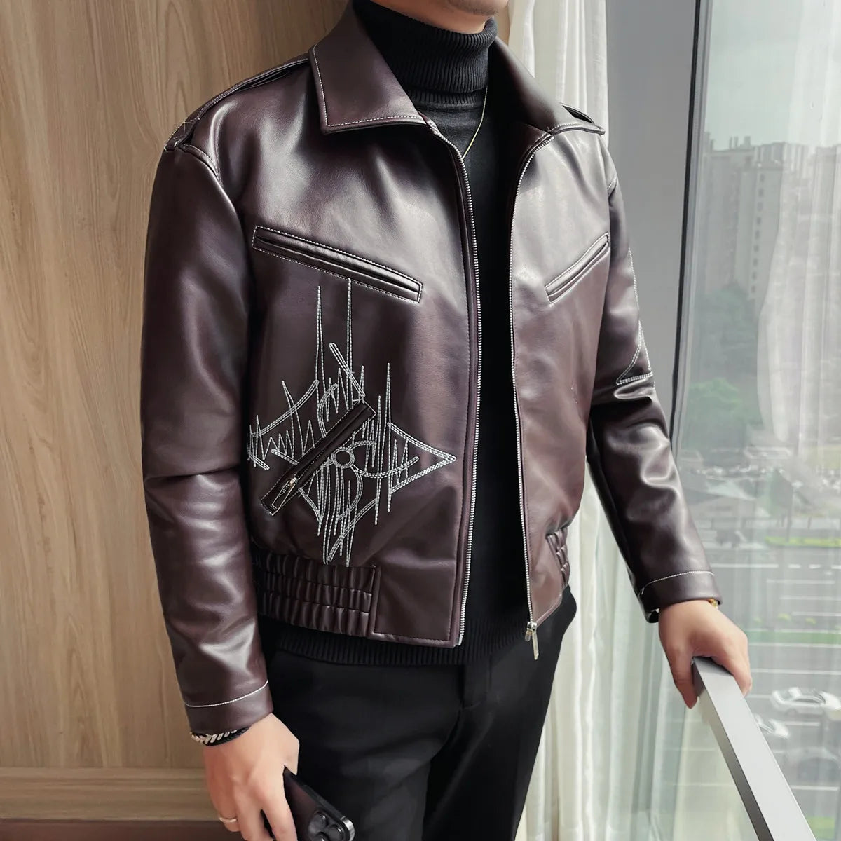 Slim Fit Embroidered Leather Jacket