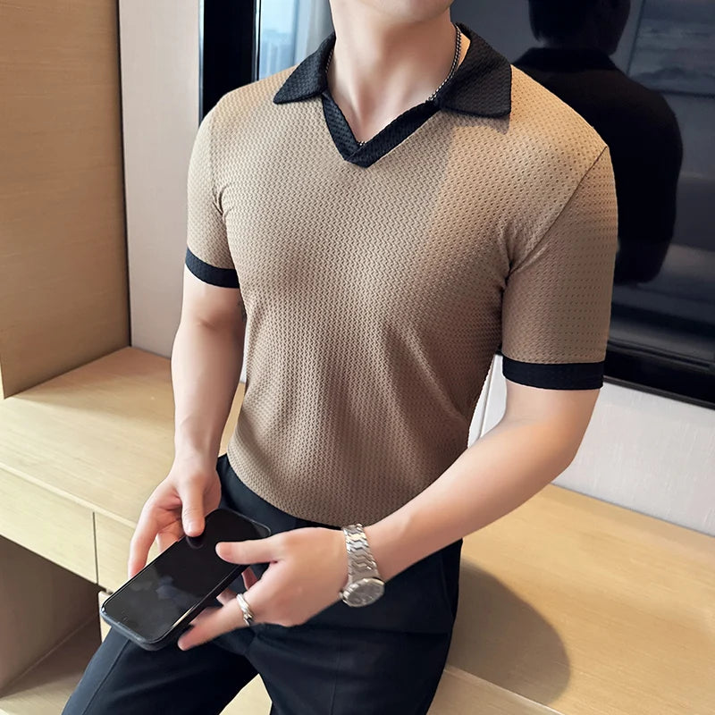 Slim Fit Patchwork Short-Sleeve Polo Shirt