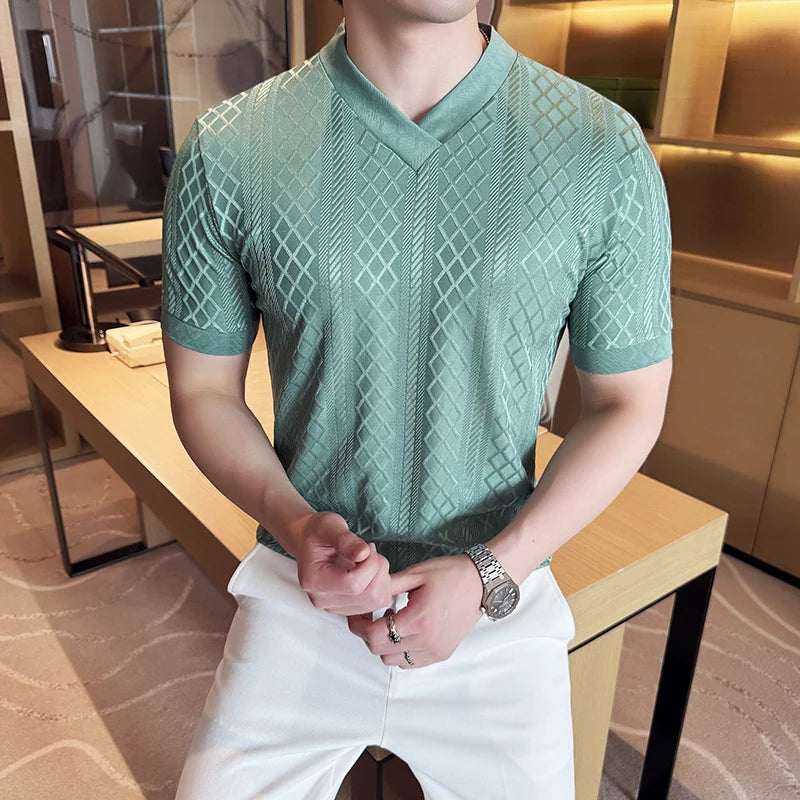 Slim Fit Short-Sleeve V-Neck Knit Sweater