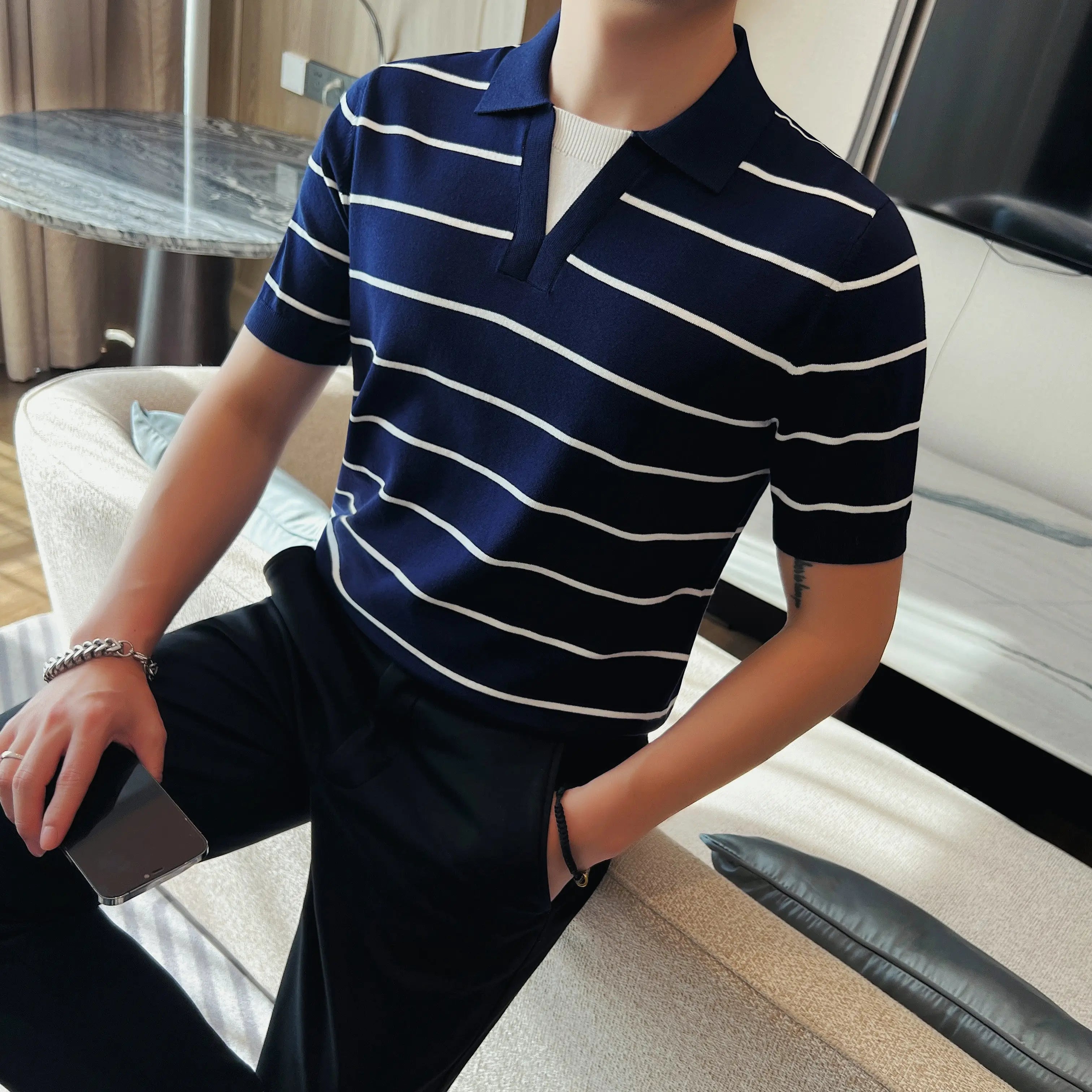 Slim Fit Striped Short-Sleeve Polo Shirt