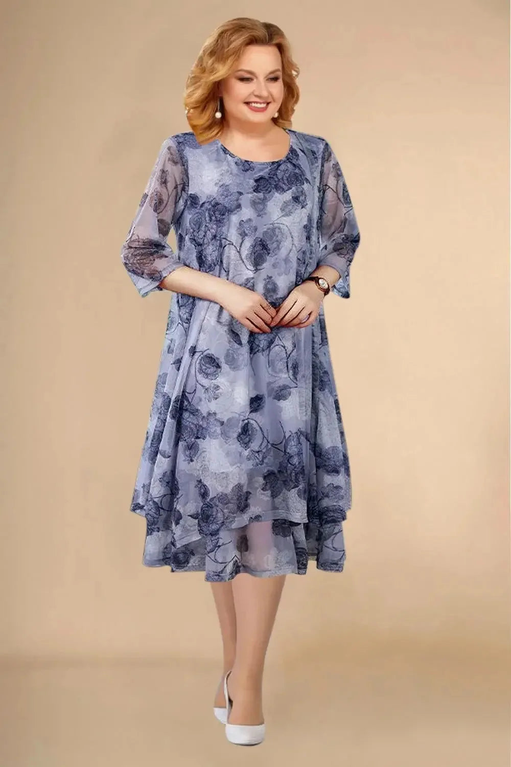 Women's Floral Sheer Sleeve Midi Dress
