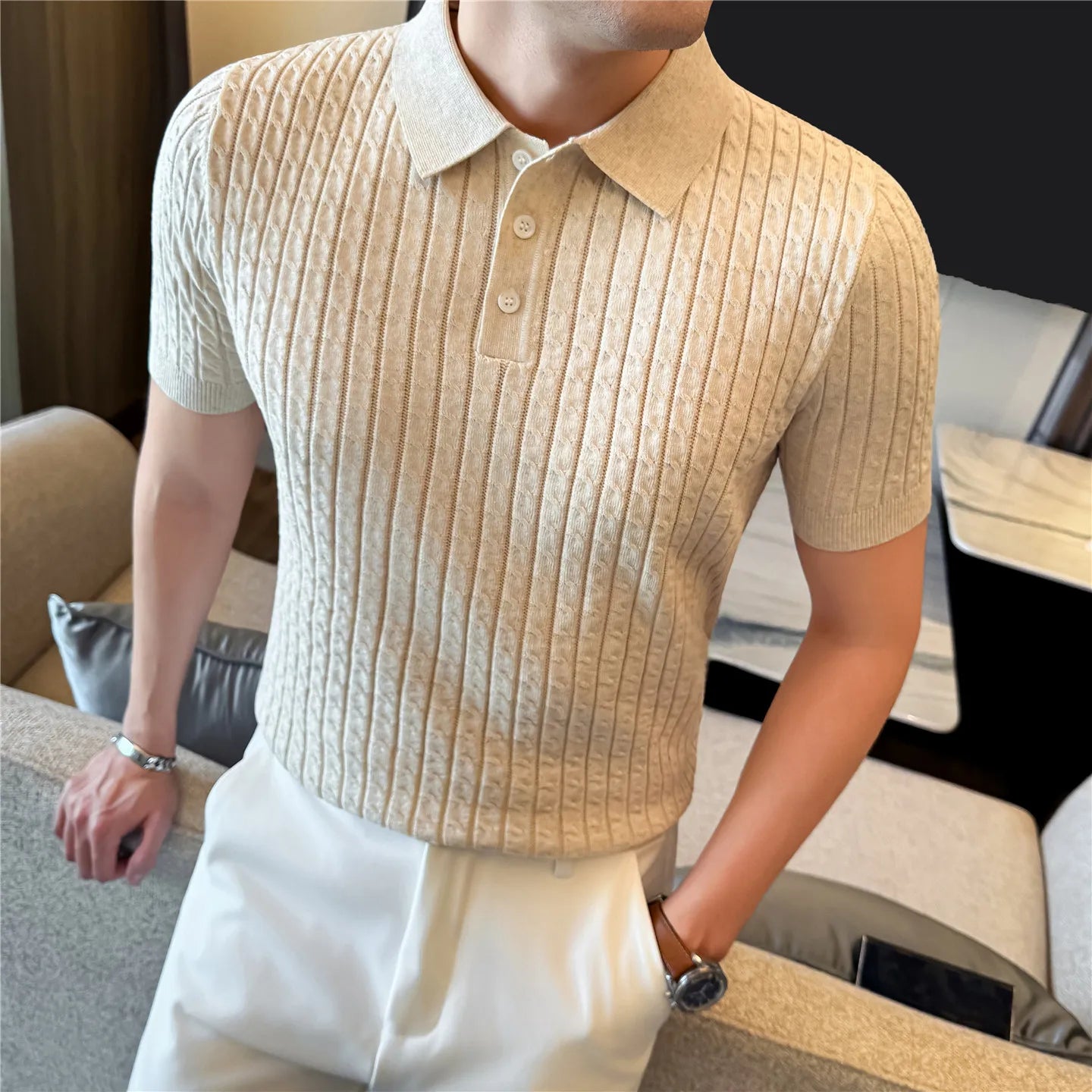Slim Fit Linen Short-Sleeve Polo Shirt