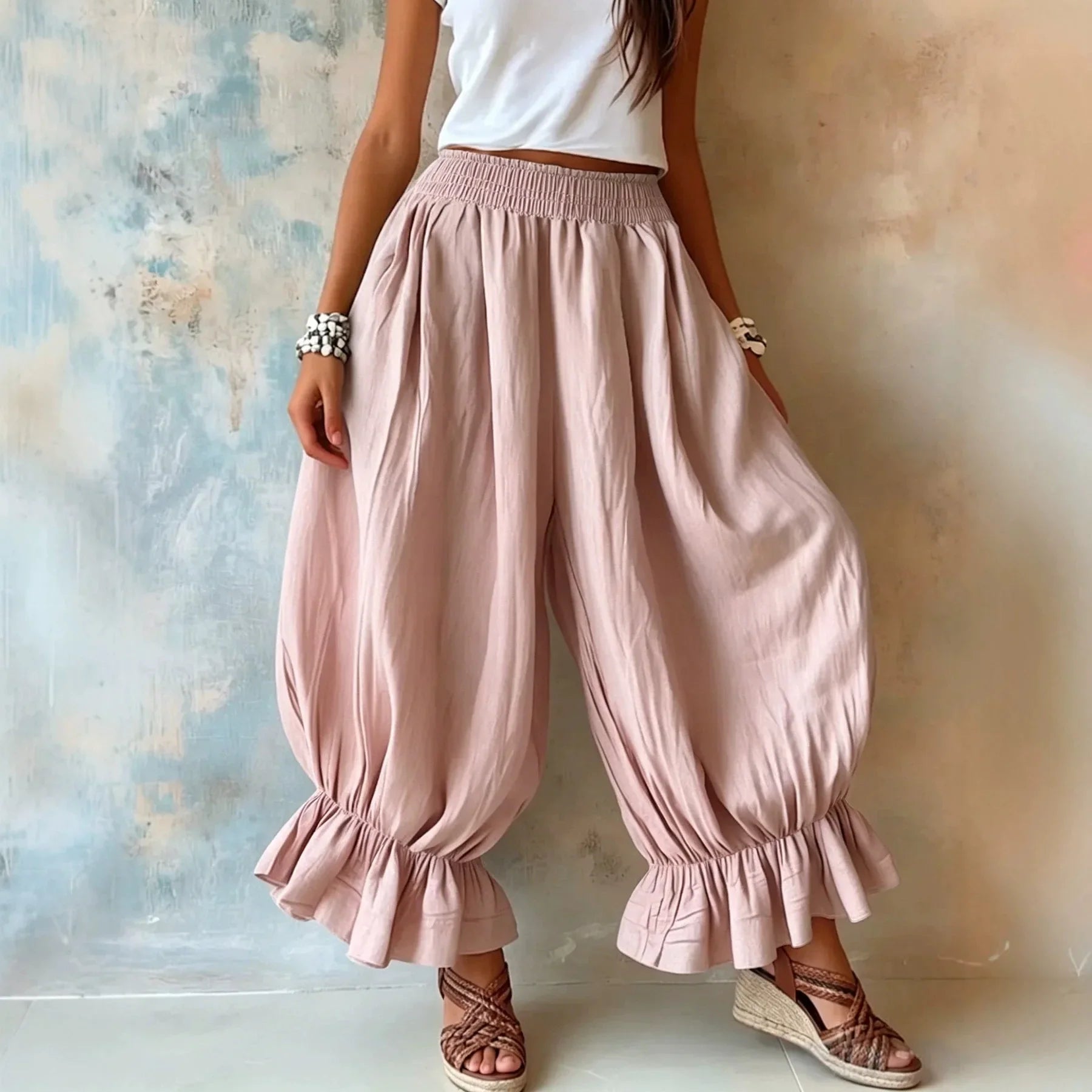 Women's Ruffle Hem Linen Trousers